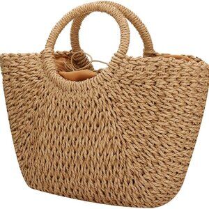 Natural Straw Round Handbag Summer Beach Bag Woven Handle Fashion Accessory